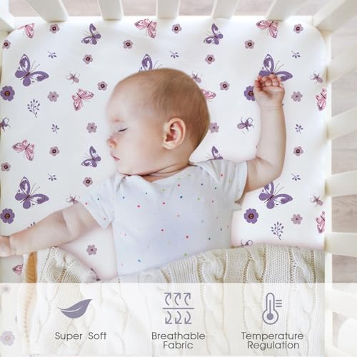 Lot de 4 draps-housses en microfibre douce pour lit bébé fille, 60 x 120 x 15 cm, respirants et ajustés, motif papillon, floral, rose et mauve - 3