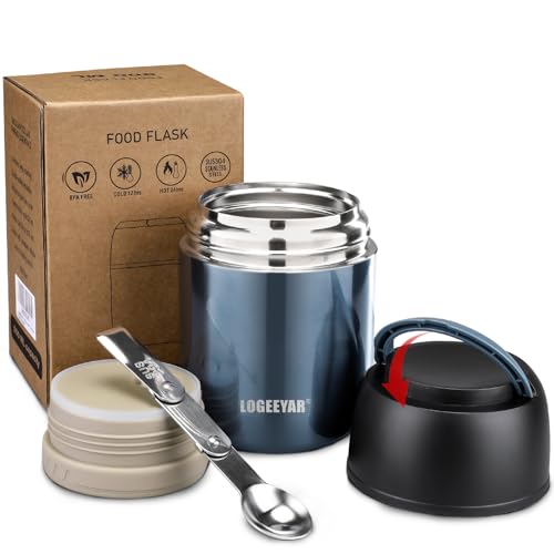 Itslife Thermobehälter für Essen 500ml Thermobehälter Edelstahl Warmhaltebehälter mit faltbaren Löffel, Thermo Lunchbox für Heißfutter Kinder Erwachsene für die Schule, Büro (Blau)