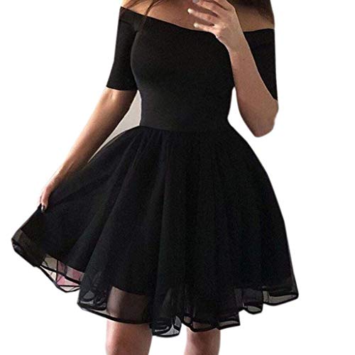 Jaysis Robe de Soiree Femme Courte Robe de Bal Bustier Sexy Collier Un Mot Manche Courtes Ete Chic Serrer la Taille Slim Noir Robe Patineuse Elegant Casual Mini Dress de Cocktail Party Cover