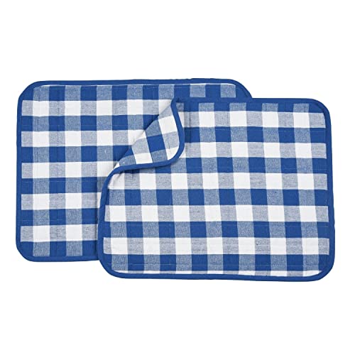 Image of Dish Drying Mat for Kitchen Utensils, Reversible Absorbant Cotton Checks Drying Mats, Washable, Counter top Cushion Pad Tableware, 46x61 Cms Blue by Lushomes (18x24 Inches, Set of 2)