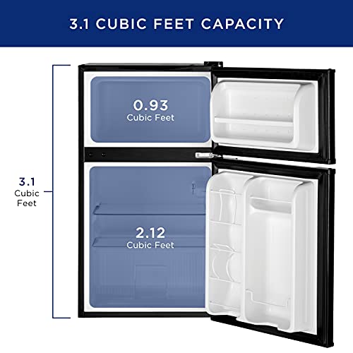 GE Mini Fridge With Freezer | 3.1 Cubic Ft. | Double-Door Design With Glass Shelves, Crisper Drawer & Spacious Freezer | Small Refrigerator Perfect for the Garage, Dorm Room, or Bedroom | Black - Image 3