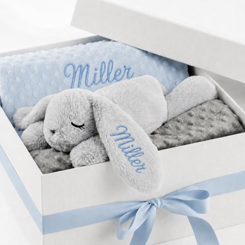 Personalized Baby Blanket and Plush Bunny Set, Custom Baby Blankets