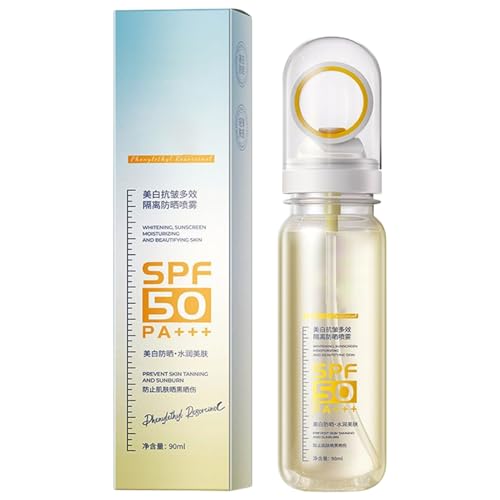 Spray de protección solar blanqueante - SPF 50 Tamaño de viaje a prueba de sudor | Mistón de protección solar de larga duración | Pequeña boquilla en aerosol seco rápido