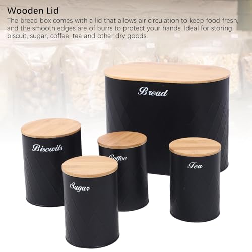 Baxnore Large Bread Box & 4 Canisters Kitchen Storage Set - Iron Bread Bin with Wooden Lids for Biscuits, Sugar, Tea & Coffee - Black 13.6x8.9x10 Inches - Image 7