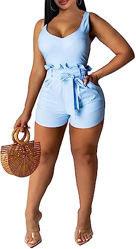 Women's Casual Strap Rompers Summer Cute Boat Neck Sleeveless Ruffles Short Pants Jumpsuits Cute Comfy Backless Brunch Outfits With Waistband Pockets Zipper #TOP2