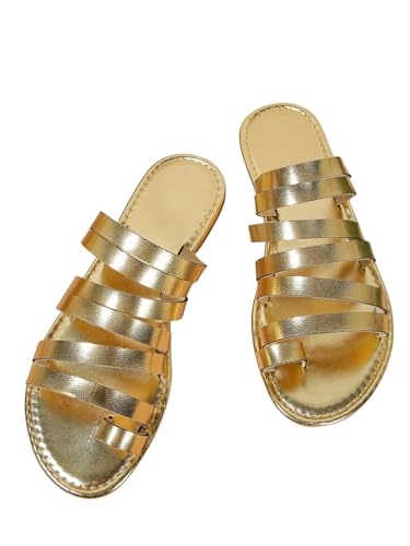 OYOANGLE Women's Metallic PU Leather Toe Post Flat Sandals Open Toe Ankle Strap Sandal Comfortable Walking Slides