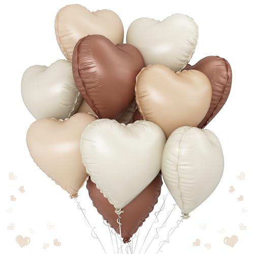 Cream Brown Heart Balloons, 12Pcs Brown Apricot Foil Balloons, Beige Coffee Foil Heart Shape Mylar Balloon 18 Inch Nude Neutral Helium Mylar Balloon for Boho Birthday Baby Shower Wedding Valentine
