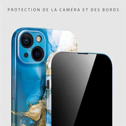 Coque iPhone 15 marbré bleu protège objectif photo des rayures