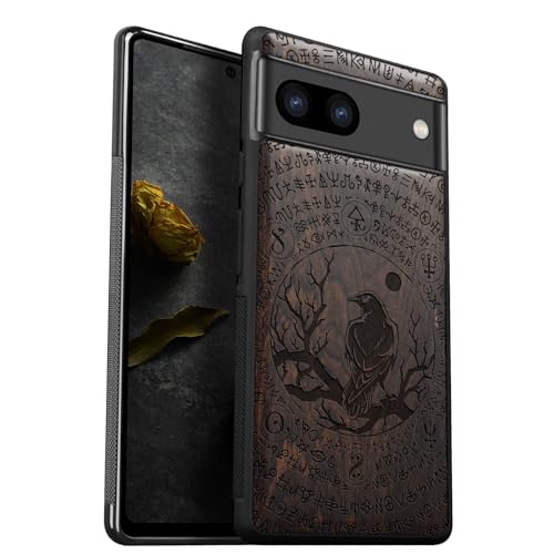 Carveit Wood Case for Pixel 8 Case [Natural Wood & Black Soft TPU] Shockproof Protective Cover Unique Wooden Case Compatible with Google Pixel 8 Case (Perching Crow-Blackwood)