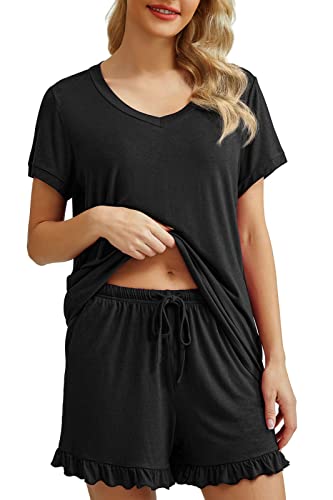 PrinStory Womens Pajamas Set Lounge Sets Short Sleeve Sleepwear Soft Pjs Shorts Set with Pockets2
