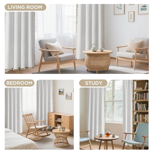 Image of Joydeco Linen White Boho Curtains 63 Inch, 2 Panels with Tassels | Super Soft Farmhouse Drapes, Semi Sheer Light Filtering, Natural Look for Bedroom Living Room, Modern Boho Decor