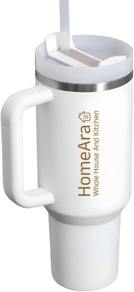 40 oz Insulated Tumbler with Handle, Straw and Lid, Stainless Steel Travel Mug for Hot and Cold Drinks, Leak Resistant Coffee Tumbler, Cup Holder Friendly for Car, Gym, Office – White