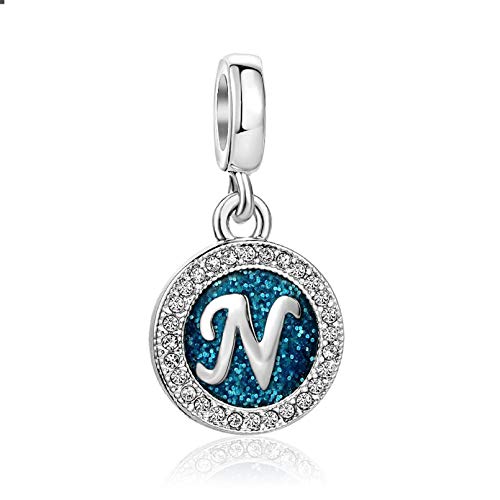TGLS Spakling Blue Letter N Initial Charm Alphabet Capital Name Dangle Beads Compatible With Pandora Charms Bracelets