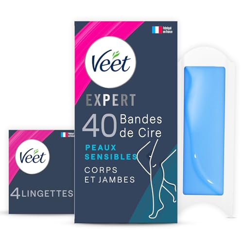 Veet Expert – 40 tiras de cera para cuerpo y piernas – para piel sensible – procesamiento perfecto – depilación duradera