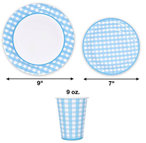 Light Blue And White Gingham Party Supplies Tableware Set 24 9" Plates 24 7" Plate 24 9 Oz Cups 24 Lunch Napkins For Checkered Plaid Picnic Barbecue Birthday Party Disposable Dinnerware Paper Goods #TOP2