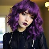 Amyqueen Dark Purple Short Bob Wigs with Bangs for Women Loose Wavy Wig Curly Wavy Shoulder Length Bob Synthetic Cosplay Wig for Girl Colorful Costume Wigs (Dark Purple)