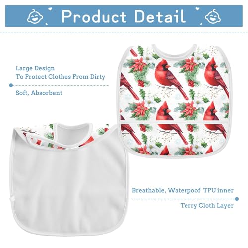 MCHIVER Poinsettia Bird White Baby Bibs for tag1 Waterproof Feeding Bib Apron with Food Cather Adjustable Cotton Food Eating Bib 2 Pack3