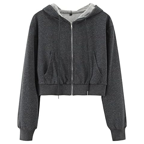 Yimoon Women's Casual Workout Long Sleeve Crop Tops Zip Up Hoodies Sweatshirts - grey - Medium Cover
