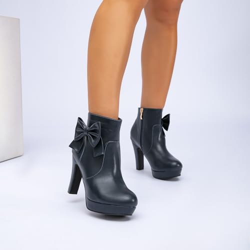 GATUXUS Women's Chunky High Heels Bow Decor Ankle Boots Round Toe Side Zipper Platform Short Booties Dress Shoes4