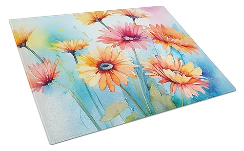 Caroline's Treasures DAC1570LCB Gerbera Daisies in Watercolor Glass Cutting Board Large Decorative Tempered Glass Kitchen Cutting and Serving Board Large Size Chopping Board