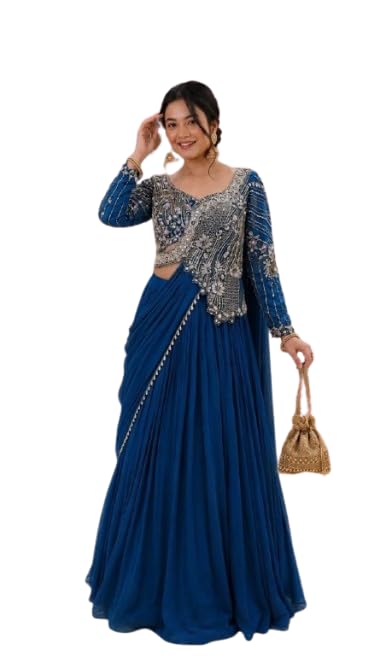 lehenga choli set for womens and girls style saree attached pallu embroidery sequins work & ready to wear Lehenga choli blouse Indo-Western Rama blue Colour-image-18