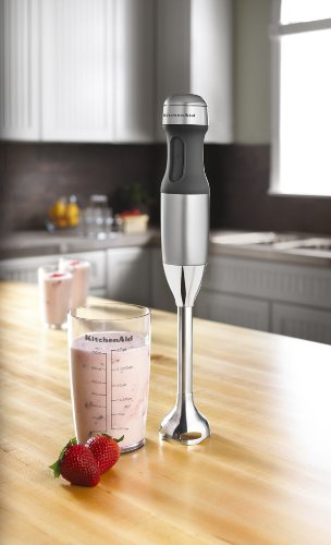 KitchenAid KHB1231CU Hand Blender in use with blending jar