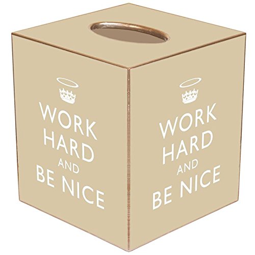 Tan Work Hard and Be Nice Paper Mache Tissue Box Cover