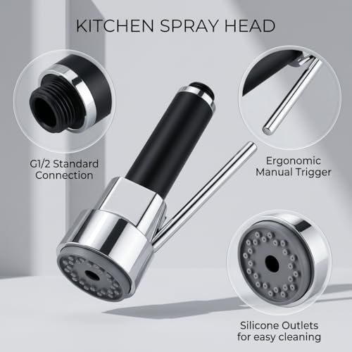 Handbrause für Küche, ausziehbar, Universal, Sprühkopf für Auslauf, Herd, moderner Mischbatterie, Badezimmer, Spritzschutz mit Wasserstop, verchromt, G1/2 Zoll