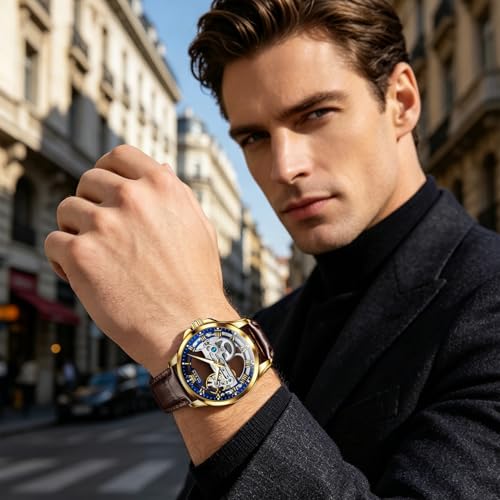 Image of OLEVS Skeleton Watches for Men Automatic Self Winding Mechanical Luxury Dress Leather Waterproof Luminous Men Wrist Watch