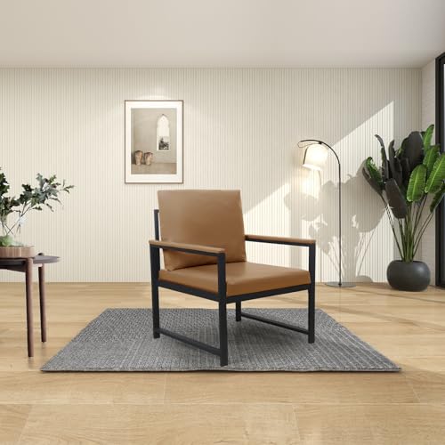 Modern Accent Arm Chair with PU Leather Upholstery, Thick Padded Backrest and Seat Cushion, Comfortable Metal Armrest, Non-Slip Feet, for Living Room, Bedroom, Office Lounge Reception Area (Camel) - Thumbnail 4