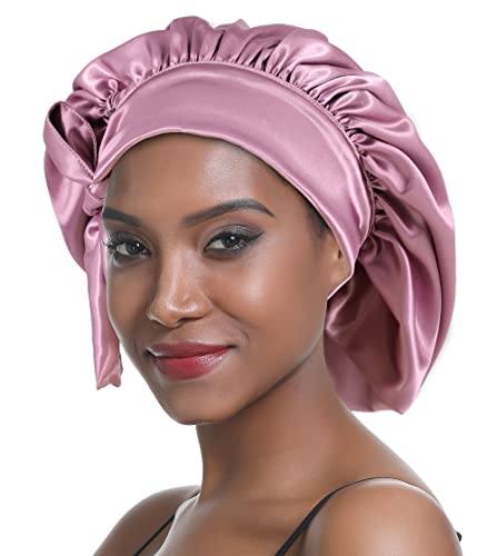 SENGTERM Bonnet de Nuit en Soie Femme aux Cheveux Bonnet en Satin Bonnet de Nuit Large Bande Soyeuse élastique à Double Couche pour Femmes Noires aux Cheveux Longs et bouclés (Pink)