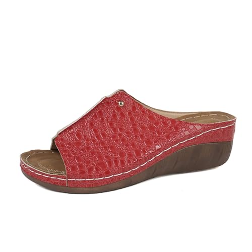 Zapatillas Mujer Verano Cómodas Sandalias ortopédicas antideslizantes y desnudos con Tacón Plataforma Sandalia Comfy Semi Trailer Cómodas Caminar Transpirable Zapato, rojo, 39 EU