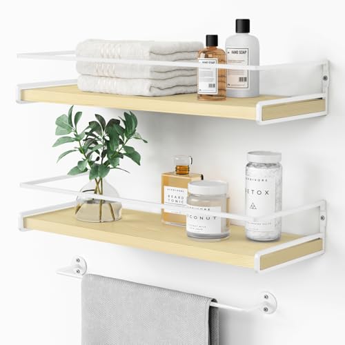 Forbena Floating Shelves for Wall with Rail, White and Natural Wood Nursery Book Shelves for Baby Girls Boys Kids Room Bedroom, Hanging Bookshelves Wall Mounted for Books, Toys, Bathroom (Set of 2)