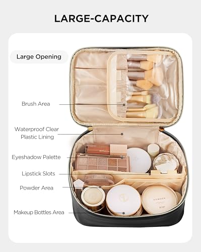 HBlife Travel Makeup Bag Portable Cute Leather Cosmetic Bag Large Make Up Bag Makeup Case Organizer Toiletry Bag for Women Girls with Handle and Removable Divider(Black) - Image 3