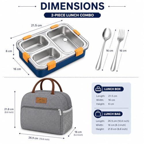 Image of Misamo Enterprise Lunch Box with Insulated Lunch Bag Combo, 3 Compartment Stainless Steel Lunch Box with Spoon & Fork, Leak Proof Food Container for School, Office & Travel (Grey Bag+Blue Lunch Box)