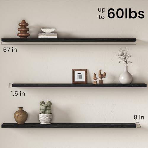 Image of Fun Memories 67Inch Long Floating Shelves, 8 Inch Deep Shelves for Bedroom|Living Room, Wall Mounted Wood Hanging Shelf with Invisible Brackets for Fireplace Mantel Home Storage Decor, Black - 1 Pack