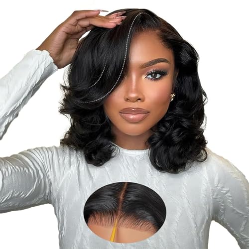 Layered Side Part Bob Wig Human Hair with Curtain Bangs 250 Density Face-Framing 9x6 Glueless Wigs Human Hair Pre Plucked Pre Cut HD Lace Loose Body Wave Ready to Wear Closure Wigs Human Hair 14 inch
