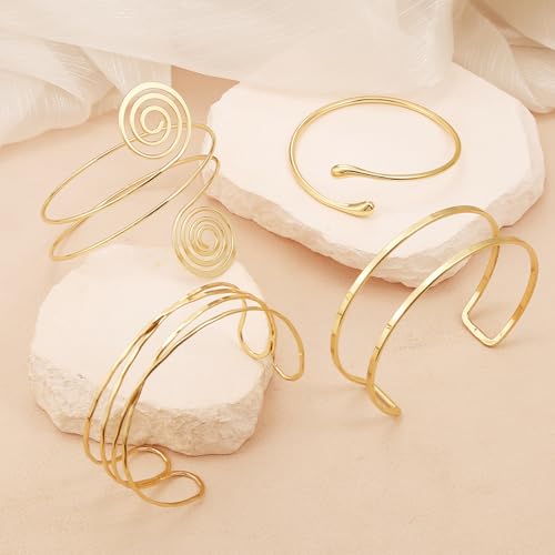 BROCC 4Pcs Gold Upper Arm Cuff for Women Open Adjustable Coil Arm Bracelets Minimalist Arm Armband Cuff Bracelets Set3