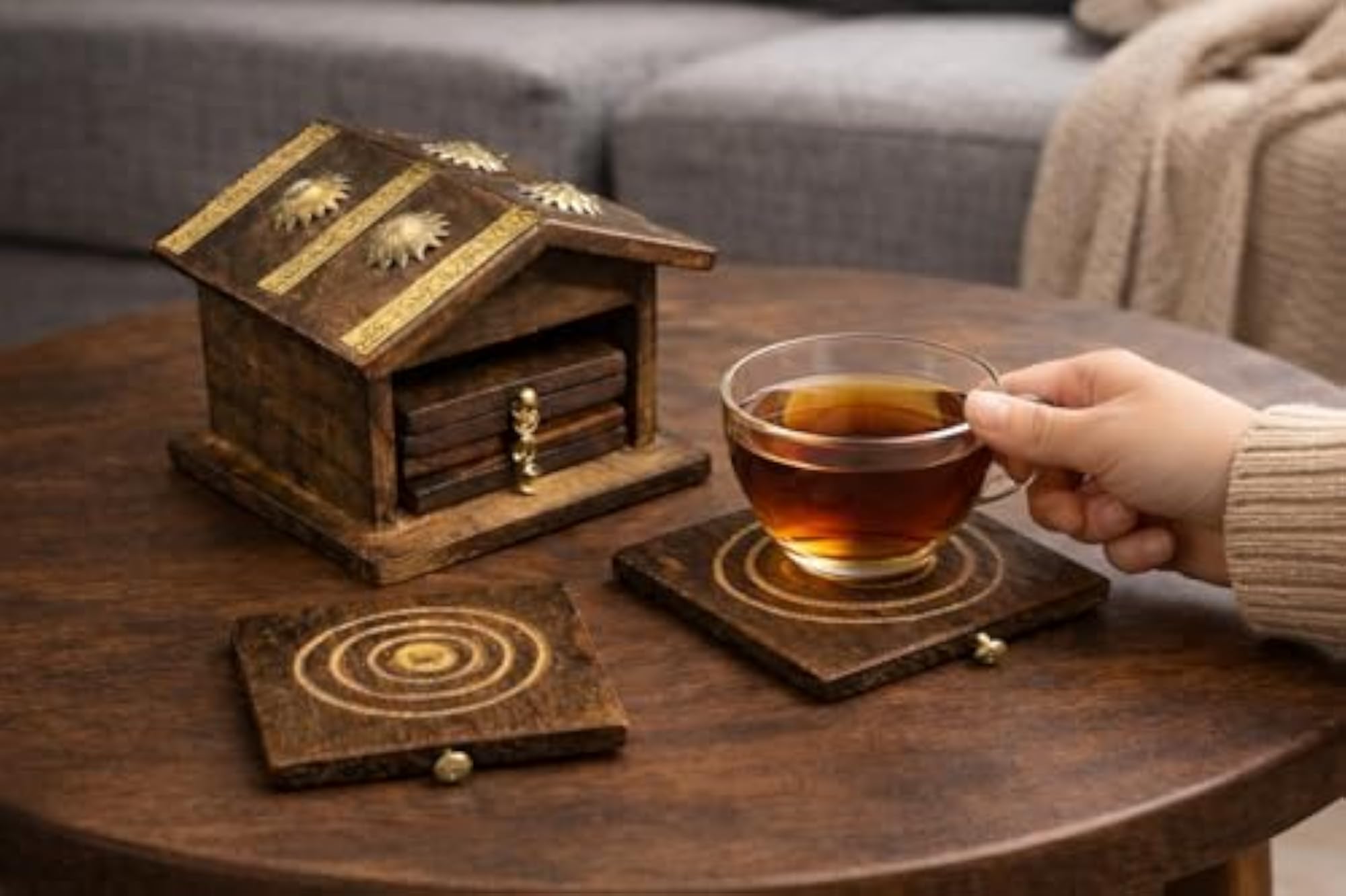 Wooden Tea Coaster Set Hut Shape Handmade Coaster Plates