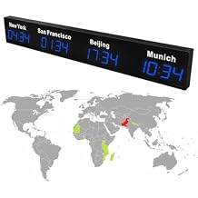 Large Digital LED World Clock, 3/4/5 Time Zone Wall Mounted City Time Zone World Clock, Hotel, Multinational Corporation,Blue-4City