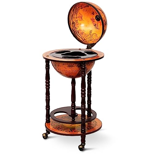 NAFORT Retro Globe Bar Cart 17.5 Mobile Liquor Cabinet with Wheels Bottom Storage Shelf Antique World Map Design Mid-Century Italian Style Wine & Spirits Display Stand for Home Pub