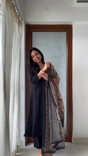 Image of ANNI Designer Women's Rayon Viscose Anarkali Solid Kurta Pant Printed Dupatta Set | Flared Ethnic Suit for Festive, Party