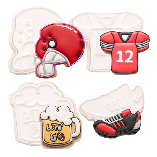 Football Cookie Cutters Set of 4 with Plunger Stamps 3D Helmet Jersey Beer MugDecoration for DIY Biscuit Cutter Baking PLA Cake Mold for Kitchen 3.5 Inch Tools for Party