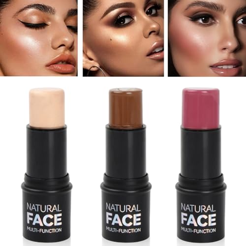 3 Piezas Multifuncional Barra Maquillaje, Juego de Contouring Makeup Stick, Rubor Resaltador en Barra Lápiz de Contorno de Crema Contornea Fácilmente tu Rostro, Apto para Cualquier Tipo de Piel