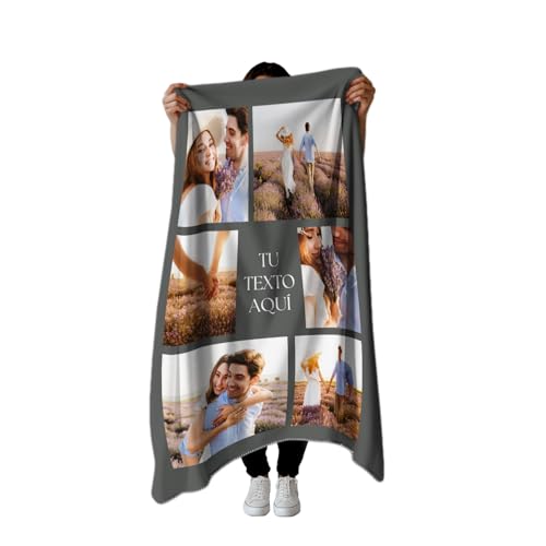 PICANOVA - Cobija Personalizada Regalo para Adultos - Imagen y Texto Personalizados - Forro Polar - Cobija Personalizada con Tu Propia Imagen y Texto - 100x70cm - 6 Fotos - Gris
