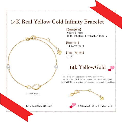 Fancime 14K Real Solid Yellow Gold Infinity Bracelet With 4Mm Freshwater Pearls Luxury Cubic Zircon Link Adjustable Bracelet Fine Jewelry For Women Wife Daughter 6.7’’+1.2’’ Extender 1.5G #TOP4