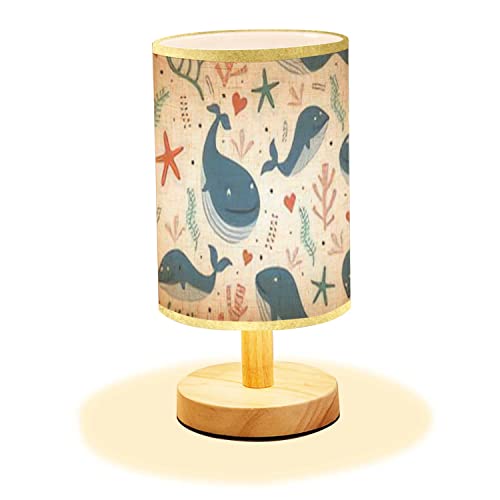 Minimalist Bedside Table Lamp Whales seamless ocean theme for baby print Cute baby animals for kids Wood Nightstand Lamp Bedside Desk Lamp Wood Base Flaxen Fabric Shade for Bedroom Living Room