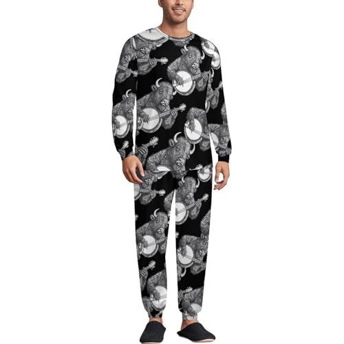Banjo Bison Men's Pajamas Set Crew Neck Sleepwear Sets Top And Bottom Pjs Set Long Sleeve Loungewear