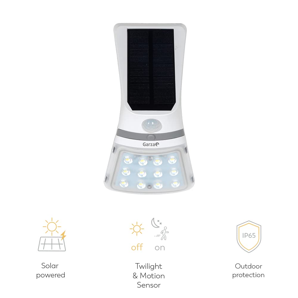 Garza - Aplique de Exterior Solar LED 4000K, 25m² Cobertura – Sensor de Movimiento, 3 Modos, IP54, 12h Autonomía, Ángulo Ajustable 180º, Carga Solar