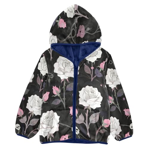 Floral Skulls on Dark Background Toddler Fleece Jacket Girl Boys Hooded Fleece Jacket Coat Warm Outwear Zip-up 3-10T